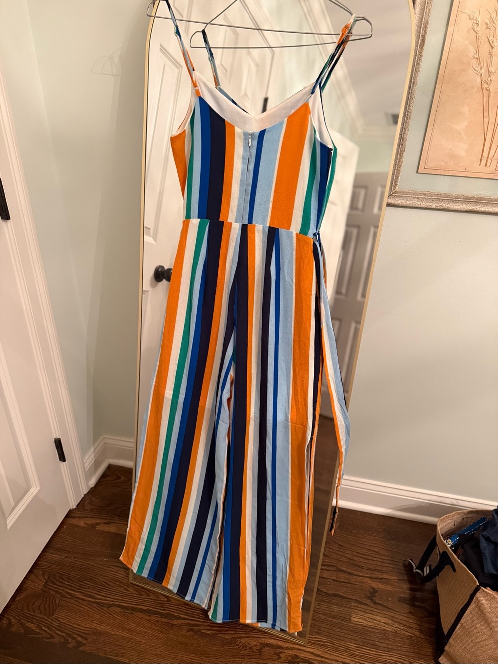 Monteau Striped Spaghetti-Strap Jumpsuit in Blue, Orange & Green - Picture 2 of 5